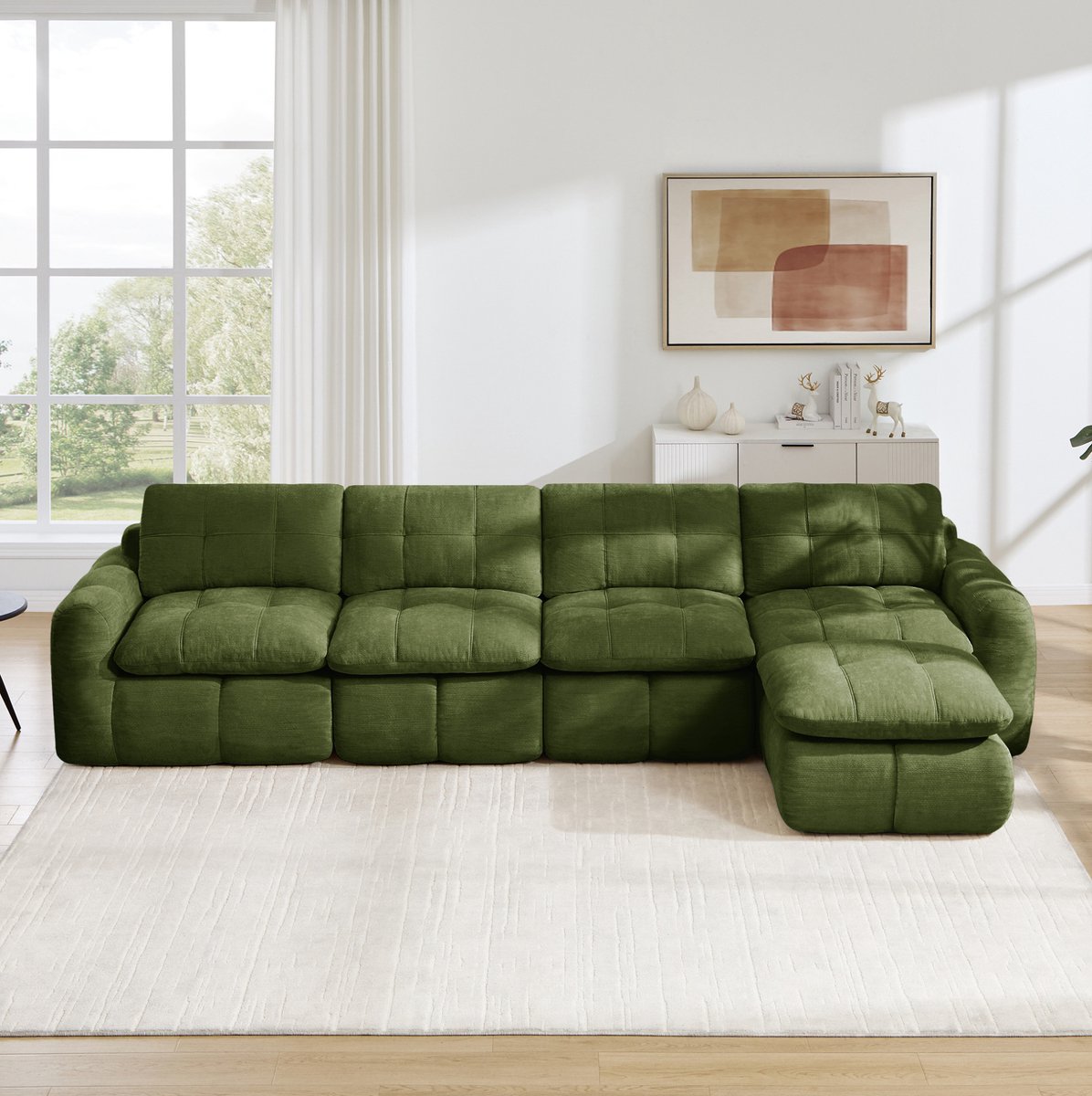 REDOM - Hoekbank - 4-zits modulaire opstelling - L-vormige indeling - 1 ottoman - Gekruiste stiknaad - Woonkamer - Chenille - Groen - 334 x 160 x 68 cm
