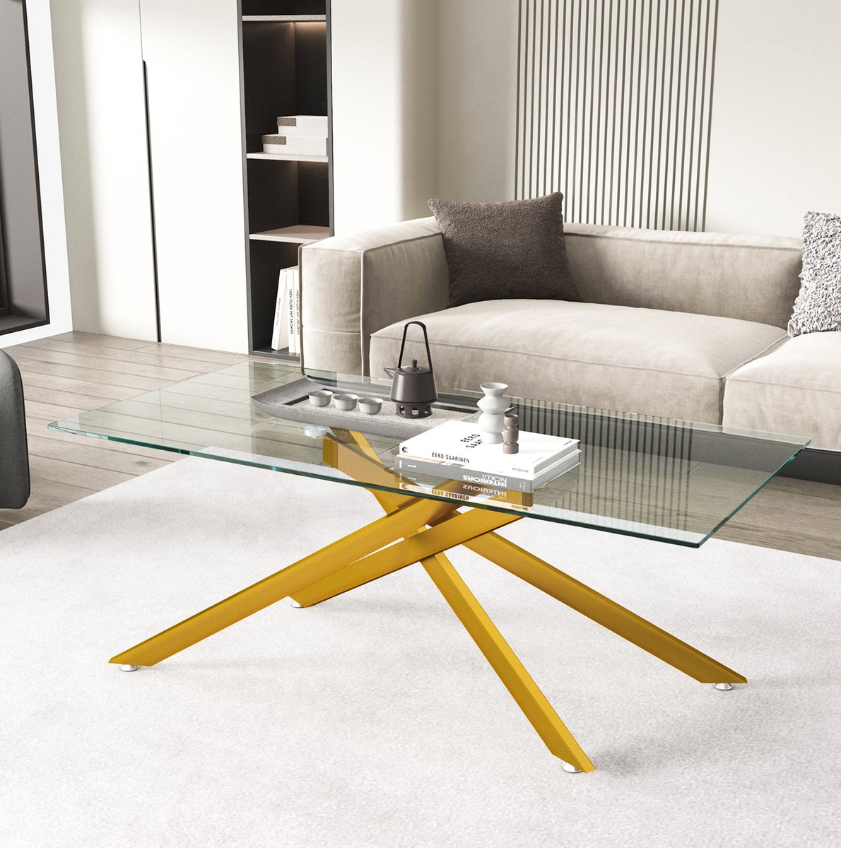 REDOM - Salontafel - Gehard glazen tafelblad - X-vormig metalen onderstel - Moderne stijl - Woonkamer - Glas en metaal - Goud - 120 x 60 x 46 cm