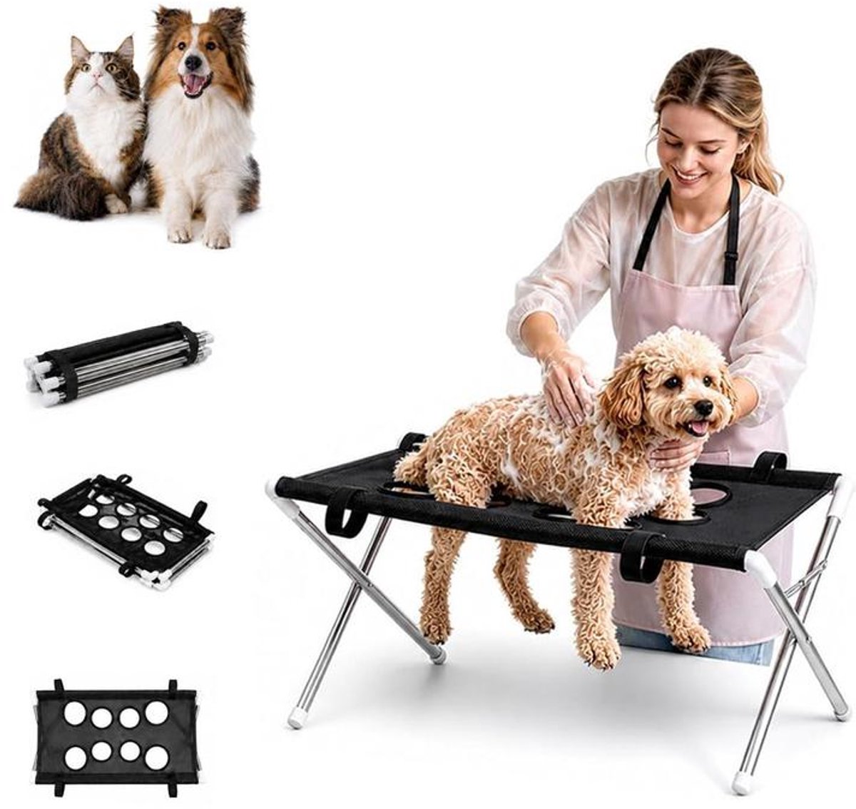 KZQ Hond badstand - Trimtafel voor huisdieren – draagbare huisdier schoonheid hanger met hanger – Opvouwbaar - Inclusief veiligheidsharnas/hangmat – Draagvermogen van 20 kg – Geschikt voor wassen, trimmen en nagels knippen – Zwart