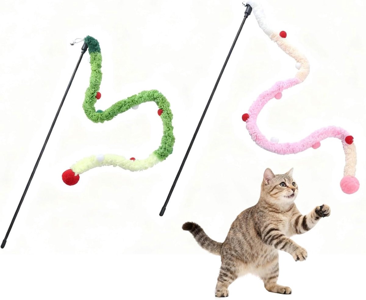 KZQ Set van 2 Kattenspeelhengel – Huisdierspeelgoed – Interactief pluche speeltje - Geschikt voor volwassen katten en kittens - Groen, roze