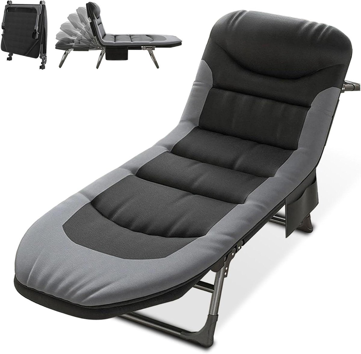 Veldbed Campingbed - Opklapbaar Logeerbed - Ontspannen Buiten - 6-voudig Verstelbaar - 190 x 65 cm - Zwart