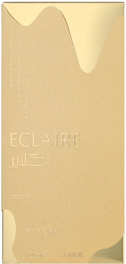 Gouden parfumverpakking met golvende zilveren accenten. Tekst: Eclaire, Lattafa, Banoffi, 100ml.