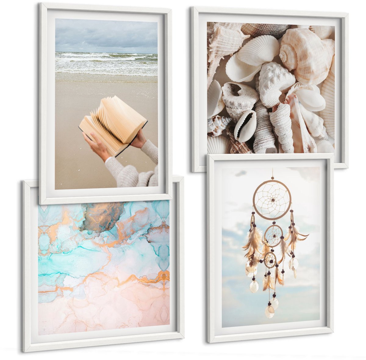 Coloray 4-Delige Schilderij Set - Een Leesboek Met Zeeschelpen En Een Boho-Dromenvanger - 40 x 40 En 40 x 60 - Decoratieve Schilderijen - Woonkamer - Interieur - Wanddecoratie