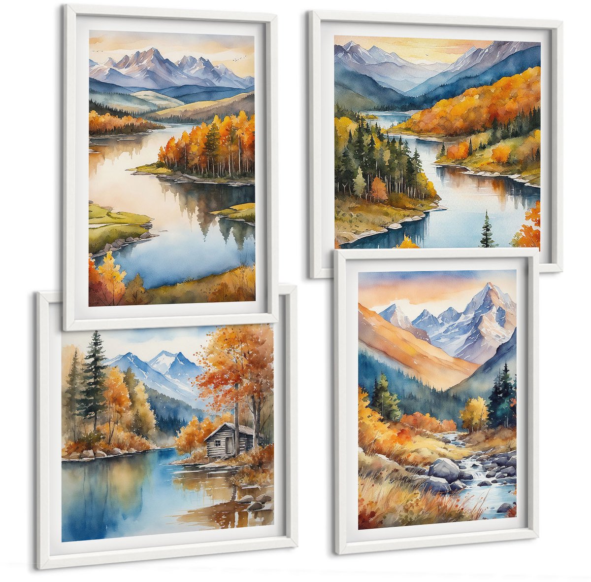 Coloray 4-Delige Schilderij Set - Uitzicht Op De Bergen Met Een Rivier En Herfstbomen. - 40 x 40 En 40 x 60 - Muurdecoratie - Wanddecoratie - Slaapkamer - Moderne Wanddecoratie Witte lijst