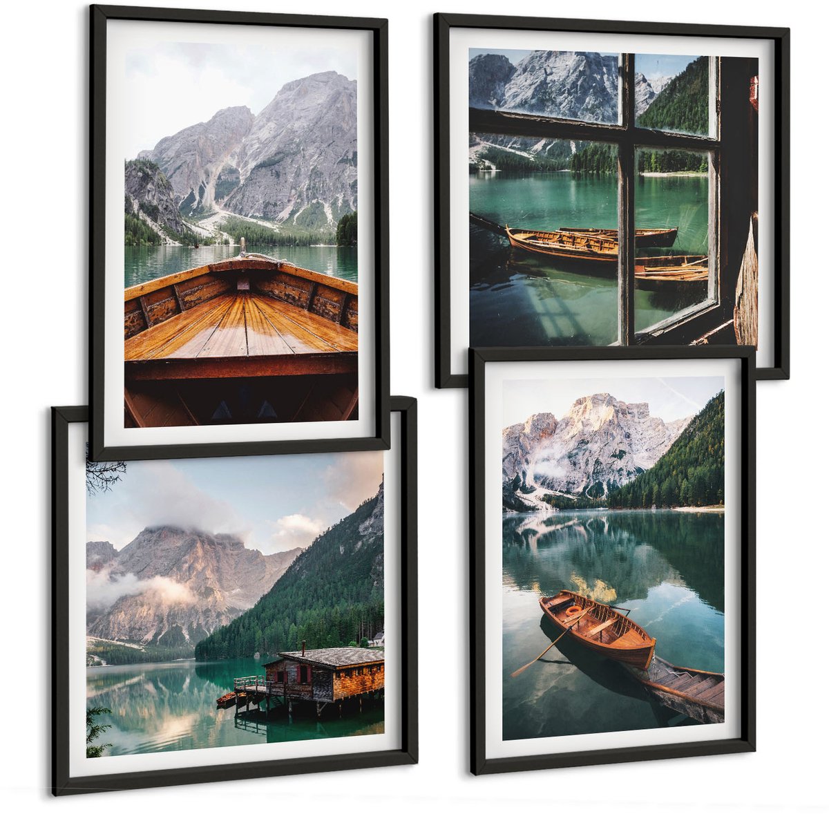Coloray 4-Delige Schilderij Set - Uitzicht Op Een Bergmeer Met Boten, Een Huisje En Een Raam. - 40 x 40 cm En 40 x 60 cm - Muurdecoratie - Interieur Decoratie - Stijlvolle Muurdecoratie Zwarte lijst