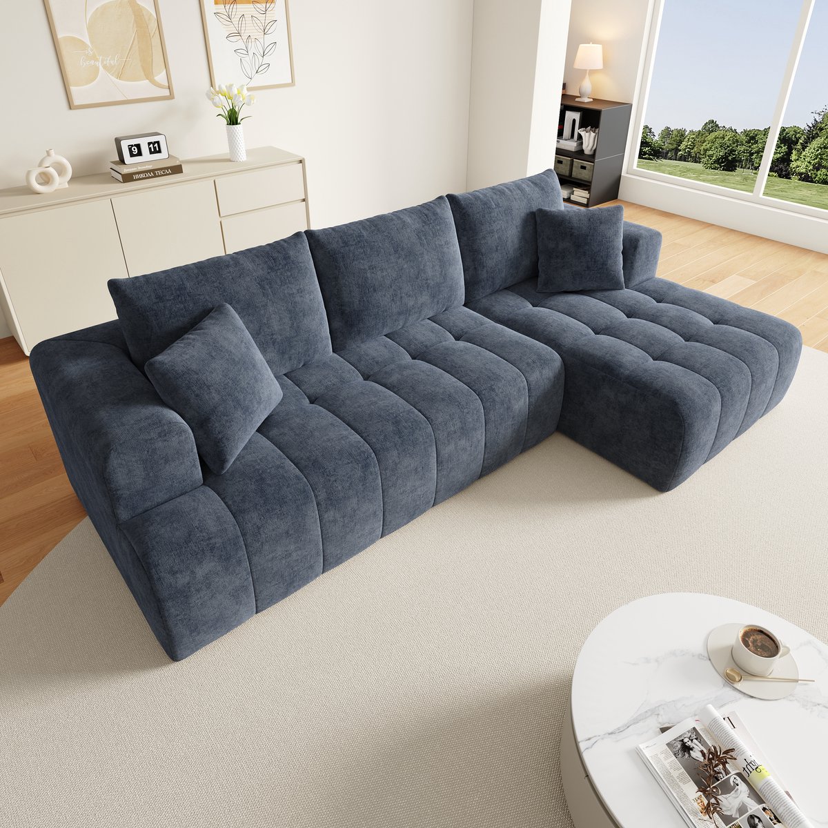 Multifunctionele Hoekbank, L-Bank, 3-Zits Bank, Modulaire L-Vormige Hoekbank Zonder Frame, Cloud-Bank, Comfortabel Chenille Weefsel, Vrij Combineerbaar, Met 2 Poefjes En Kussens, Groen