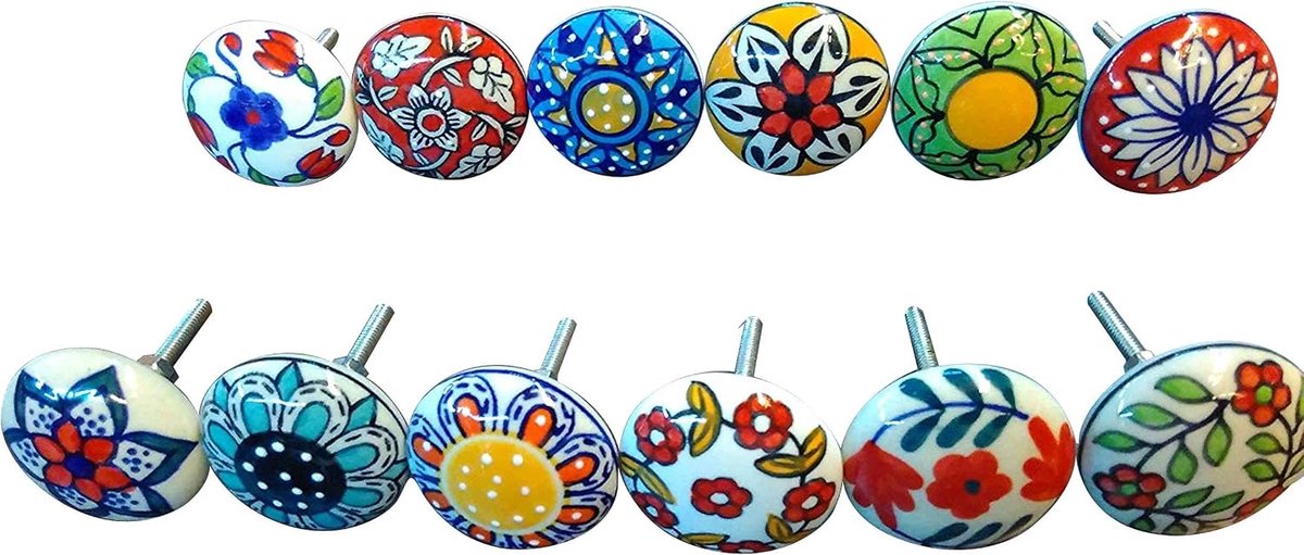 Set van 12 Moderne Keramische Knoppen Veelkleurige Handgeschilderde Grepen voor Kasten Meubels Deuren Badkamer Lade Keuken Vintage Handgrepen Decoratieve Knoppen