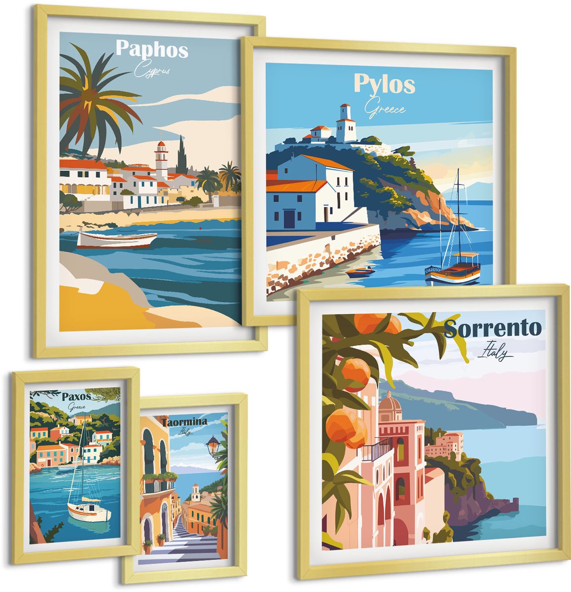 Coloray 5-Delige Schilderij Set - Kustlandschappen Met Charmante Europese Stadjes - 50 x 50 cm, 20 x 30 cm En 40 x 60 cm - Decoratieve Schilderijen - Woonkamer - Interieur - Interieur Decoratie