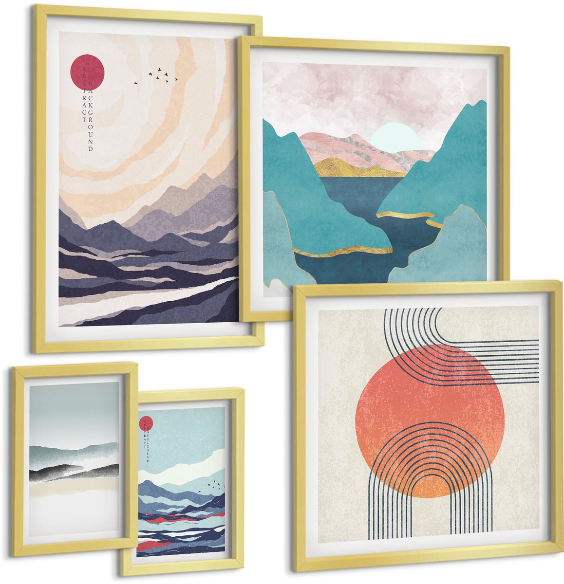 Coloray 5-Delige Schilderij Set - Abstracte Berglandschappen En Geometrische Vormen - 50 x 50 cm, 20 x 30 cm En 40 x 60 cm - Stijlvolle Wanddecoratie - Interieur - Muurdecoratie