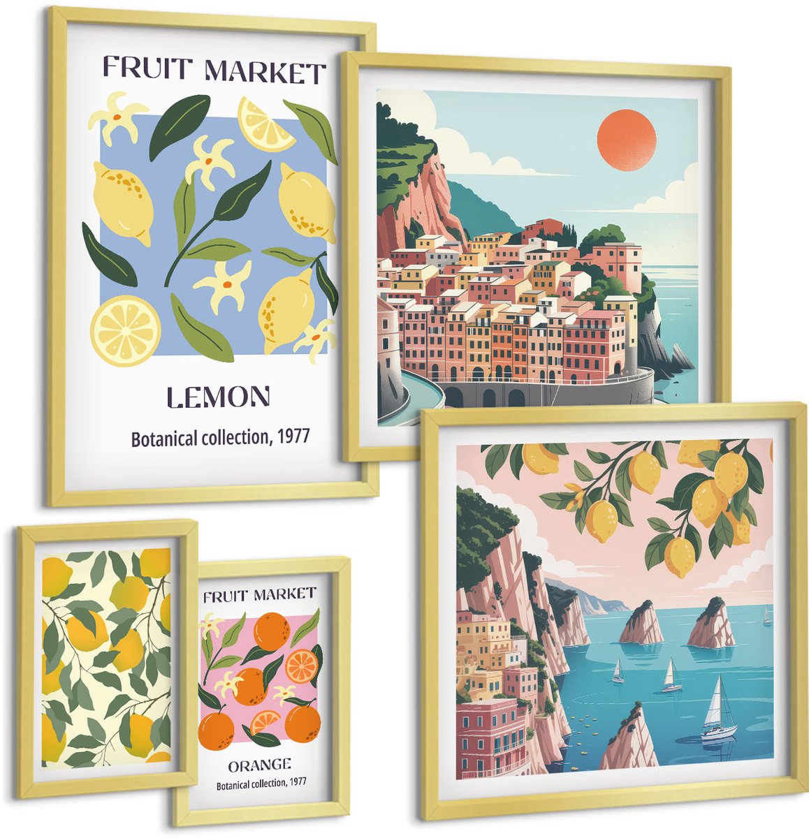 Coloray 5-Delige Schilderij Set - Fruitmotieven En Landschappen In Vintage Stijl - 50 x 50 cm, 20 x 30 cm En 40 x 60 cm - Wanddecoratie - Muurdecoratie - Woonkamer - Interieur Decoratie