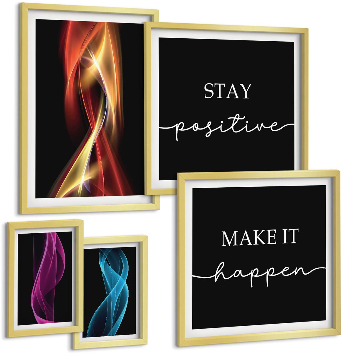 Coloray 5-Delige Schilderij Set - Inspirerende Citaten En Abstracte Lichtpatronen - 50 x 50 cm, 20 x 30 cm En 40 x 60 cm - Wanddecoratie - Muurdecoratie - Woonkamer - Moderne Wanddecoratie