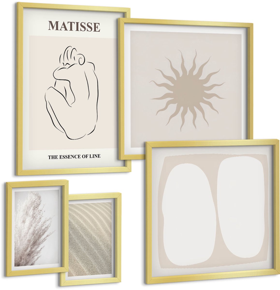 Coloray 5-Delige Schilderij Set - Minimalistische Vormen En Natuurlijke Motieven In Boho-Stijl - 50 x 50 cm, 20 x 30 cm En 40 x 60 cm - Moderne Wanddecoratie - Slaapkamer - Stijlvolle Muurdecoratie