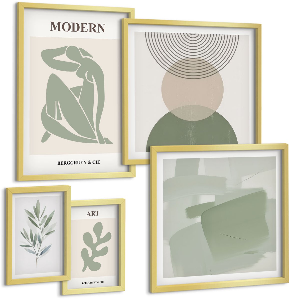 Coloray 5-Delige Schilderij Set - Moderne Stijl Met Abstracte Vormen En Plantmotieven. - 50 x 50 cm, 20 x 30 cm En 40 x 60 cm - Wanddecoratie - Muurdecoratie - Moderne Interieurdecoratie - Moderne Wanddecoratie