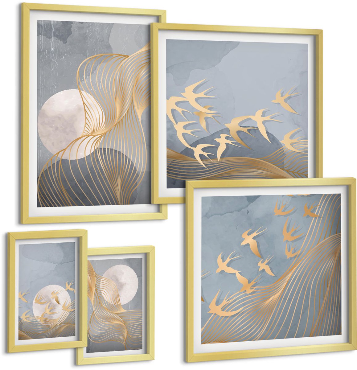 Coloray 5-Delige Schilderij Set - Abstracte Composities Met Golven En Bewegende Vogels. - 50 x 50 cm, 20 x 30 cm En 40 x 60 cm - Wanddecoratie - Schilderijen Set - Interieur - Interieur Decoratie