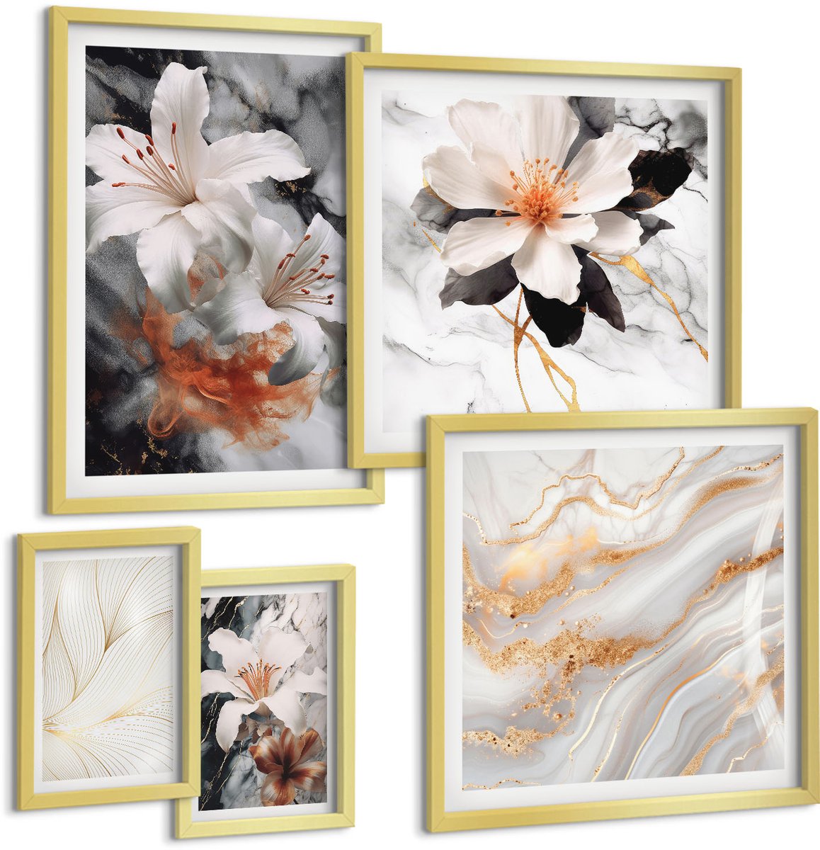 Coloray 5-Delige Schilderij Set - Bloemmotieven Op Een Marmeren Achtergrond In Een Elegante Stijl. - 50 x 50 cm, 20 x 30 cm En 40 x 60 cm - Wanddecoratie - Muurdecoratie - Moderne Interieurdecoratie - Woonkamer Decoratie