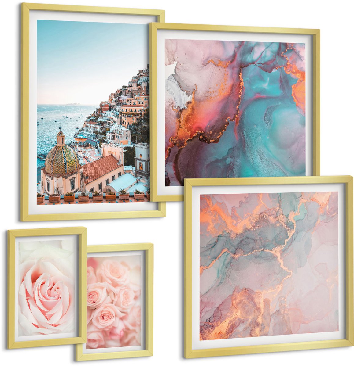 Coloray 5-Delige Schilderij Set - Romantische Landschappen Met Rozen En Pastelkleuren - 50 x 50 cm, 20 x 30 cm En 40 x 60 cm - Stijlvolle Muurdecoratie - Kantoor - Woonkamer Decoratie
