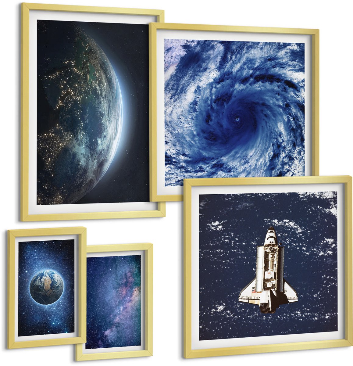 Coloray 5-Delige Schilderij Set - Ruimtelandschappen: Uitzichten Op De Aarde En De Ruimte. - 50 x 50 cm, 20 x 30 cm En 40 x 60 cm - Decoratieve Schilderijen - Wanddecoratie - Hal - Interieur Decoratie