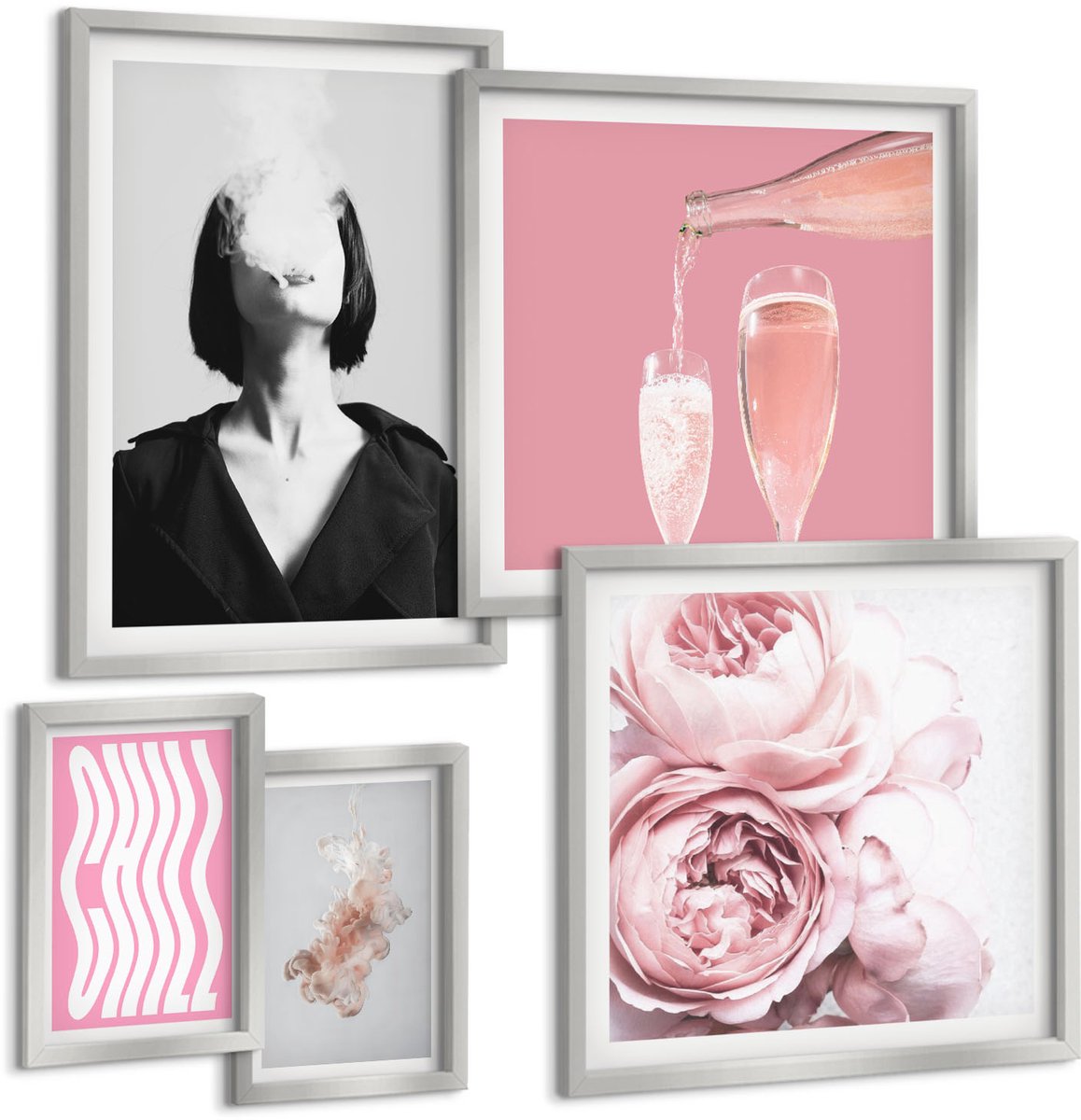 Coloray 5-Delige Schilderij Set - Stijlvol Portret Van Een Vrouw, Champagne En Ontspanning. - 20 x 30 cm - Muurdecoratie - Decoratieve Schilderijen - Wohnzimmer - Moderne Wanddecoratie
