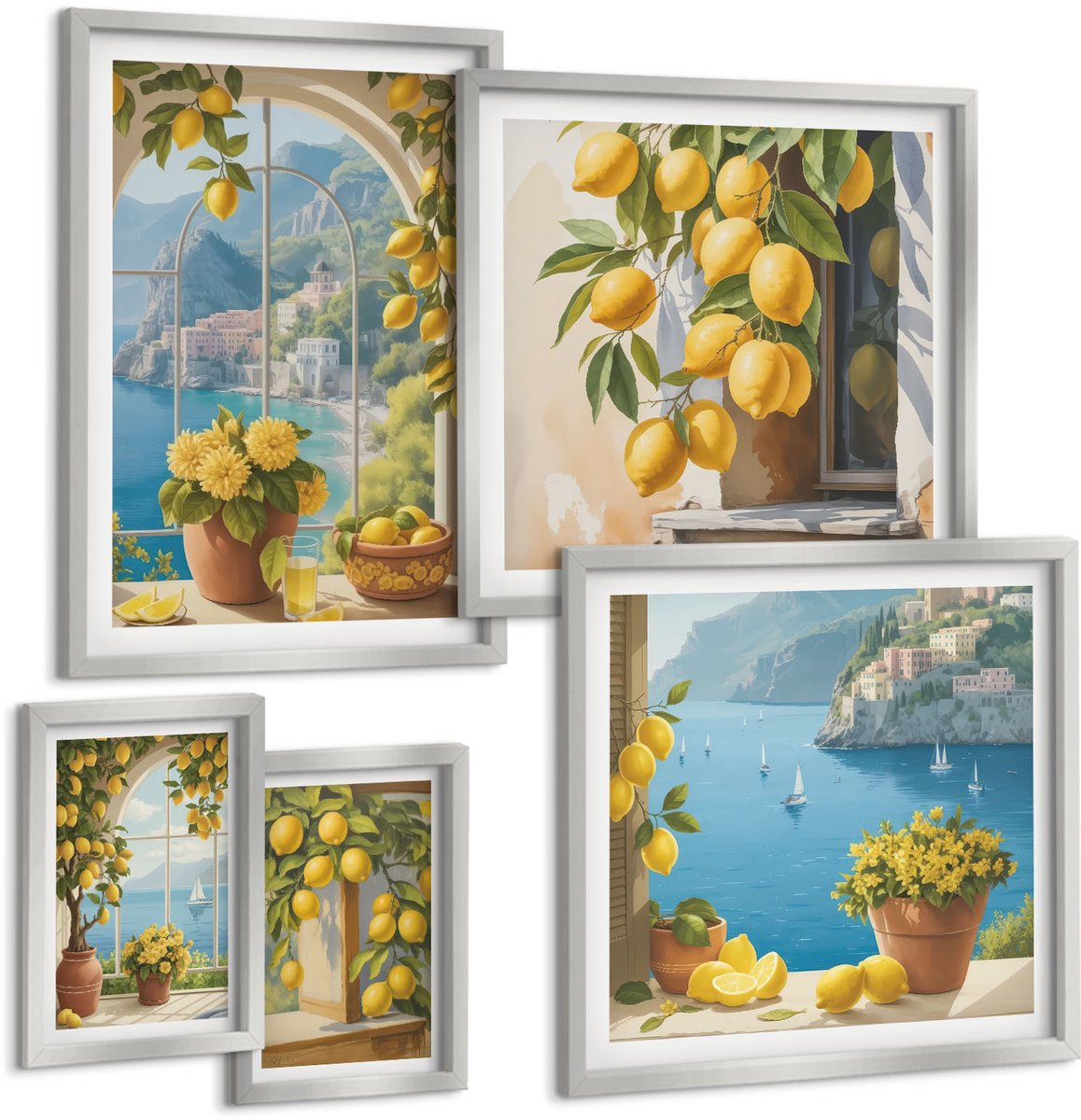 Coloray 5-Delige Schilderij Set - Zeezichtraam Met Italiaanse Citroenen - 20 x 30 cm - Moderne Wanddecoratie - Woonkamer - Decoratieve Schilderijen