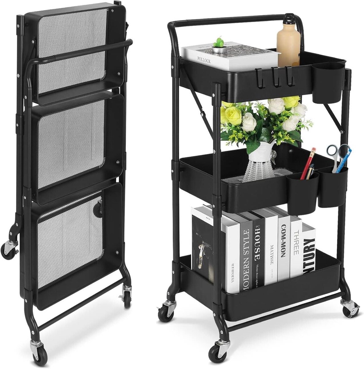 3-Tier keukenwagen, serveerwagen, vouwbare metalen rolwagen, rek op wielen, organizer, keukenrek, vouwbare universele wagen voor keuken, badkamer, kantoor (zwart)