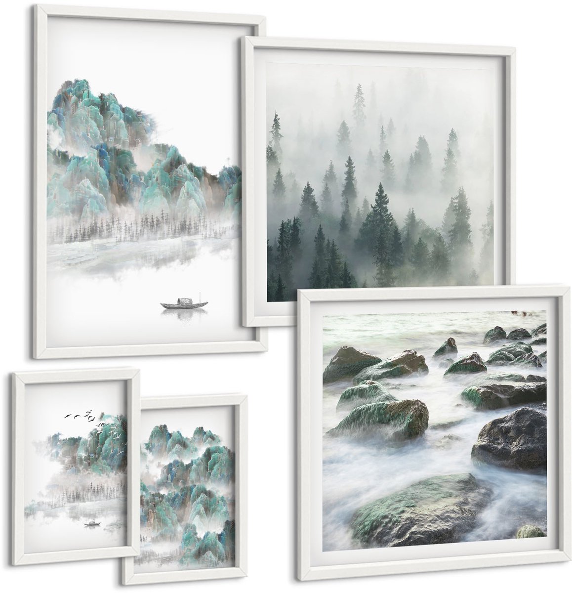 Coloray 5-Delige Schilderij Set - Rustige Natuurlijke Landschappen Met Water En Vegetatie - 50 x 50 cm, 20 x 30 cm En 40 x 60 cm - Stijlvolle Muurdecoratie - Slaapkamer - Wanddecoratie