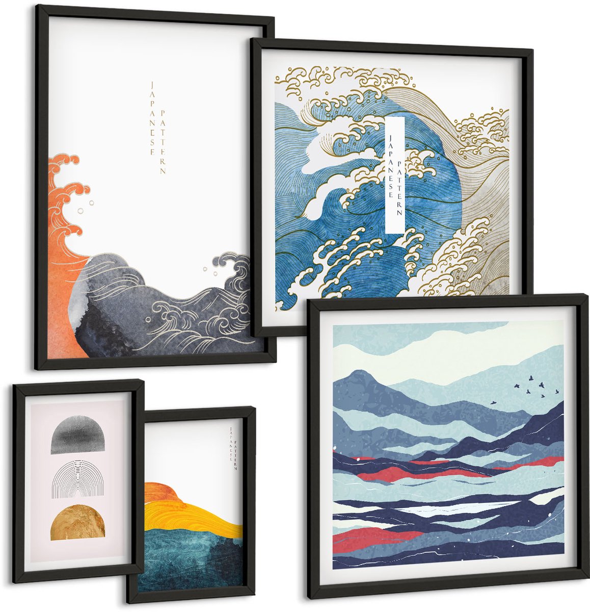 Coloray 5-Delige Schilderij Set - Abstracte Decoratieve Patronen Met Golven En Bergen In Japanse Stijl - 50 x 50 cm, 20 x 30 cm En 40 x 60 cm - Stijlvolle Muurdecoratie - Slaapkamer - Decoratieve Schilderijen