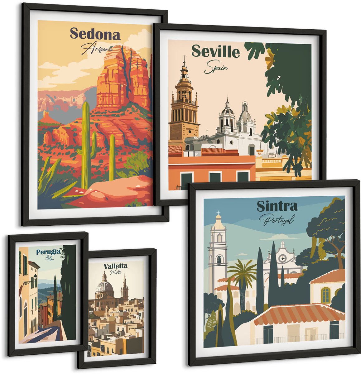 Coloray 5-Delige Schilderij Set - Toeristische Landschappen Uit Diverse Steden Over De Hele Wereld - 50 x 50 cm, 20 x 30 cm En 40 x 60 cm - Stijlvolle Wanddecoratie - Interieur - Interieur Decoratie Zwarte lijst