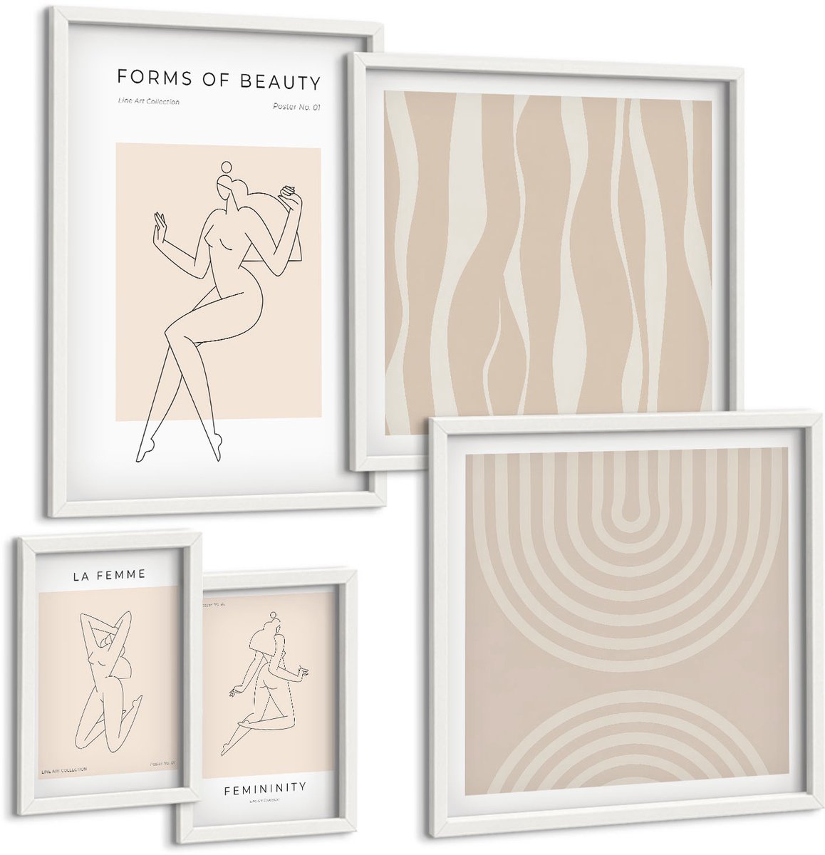 Coloray 5-Delige Schilderij Set - Minimalistische Vormen Van Schoonheid In Een Moderne Stijl. - 50 x 50 cm, 20 x 30 cm En 40 x 60 cm - Moderne Wanddecoratie - Slaapkamer - Stijlvolle Muurdecoratie