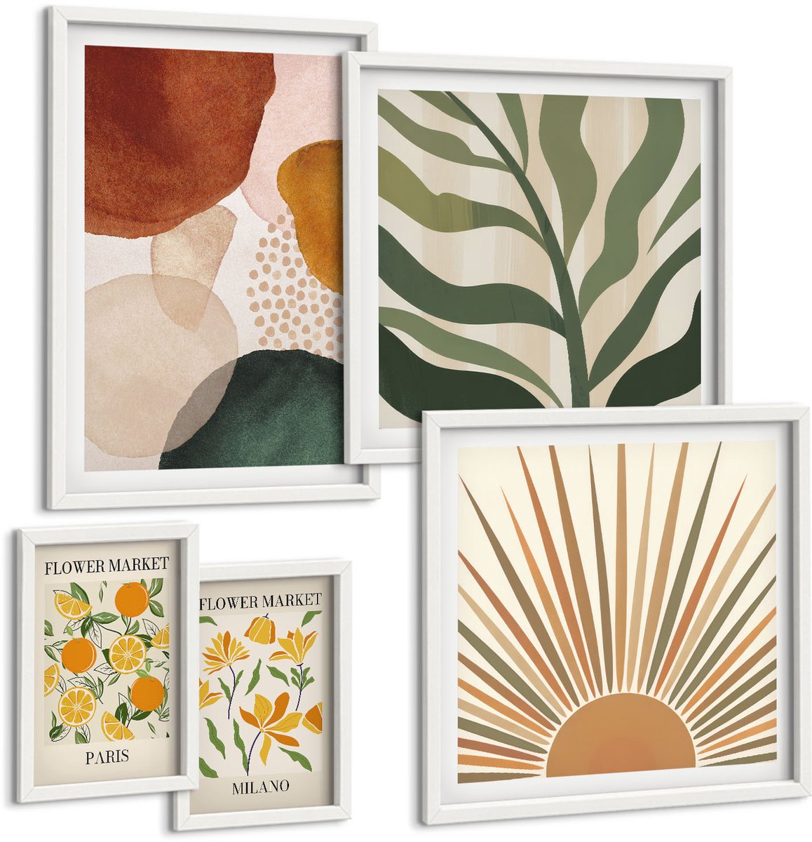Coloray 5-Delige Schilderij Set - Stijlvolle Afbeeldingen Met Plantaardige En Geometrische Motieven. - 50 x 50 cm, 20 x 30 cm En 40 x 60 cm - Wanddecoratie - Moderne Interieurdecoratie - Stijlvolle Muurdecoratie