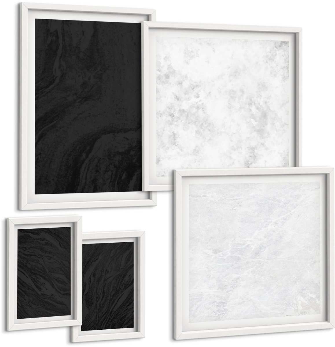 Coloray 5-Delige Schilderij Set - Donker En Licht Marmer: Elegante Texturen In Een Glamoureuze Stijl. - 50 x 50 cm, 20 x 30 cm En 40 x 60 cm - Muurdecoratie - Interieur Decoratie