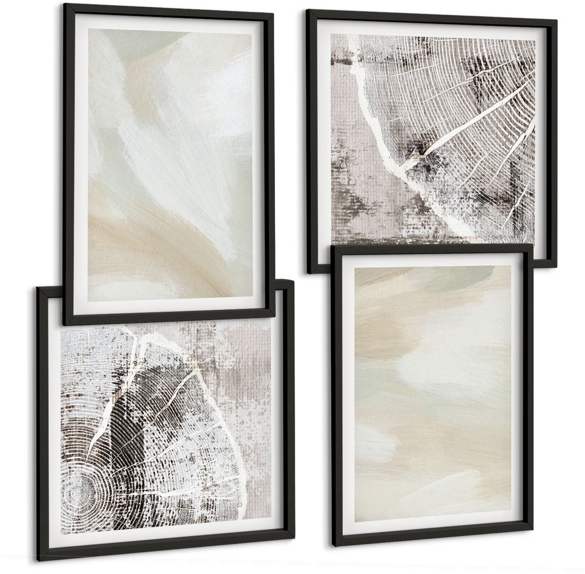 Coloray 4-Delige Schilderij Set - Verftextuur, Sporen Van Verf, Minimalisme - 40 x 40 cm En 40 x 60 cm - Muurdecoratie - Schilderijen Set - Woonkamer - Interieur Decoratie Zwarte lijst