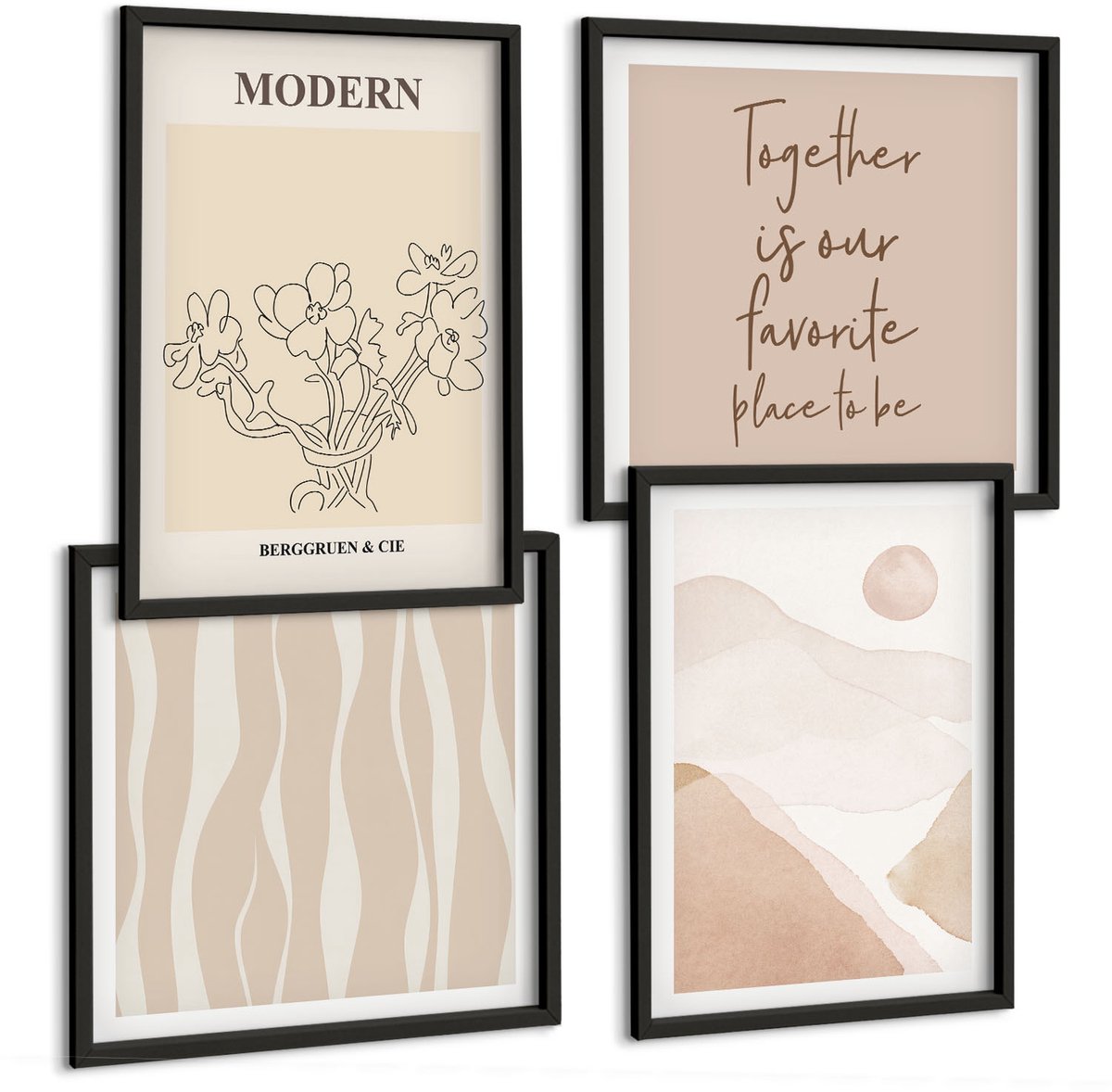 Coloray 4-Delige Schilderij Set - Abstracte Vormen In Ingetogen Kleuren - 40 x 40 cm En 40 x 60 cm - Wanddecoratie - Schilderijen Set - Kantoor - Woonkamer Decoratie Zwarte lijst