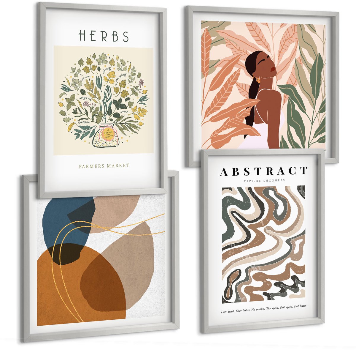 Coloray 4-Delige Schilderij Set - Boho-Esthetiek, Pastelkleurige Minimalistische Posters - 40 x 40 cm En 40 x 60 cm - Wanddecoratie - Schilderijen Set - Kantoor - Stijlvolle Muurdecoratie