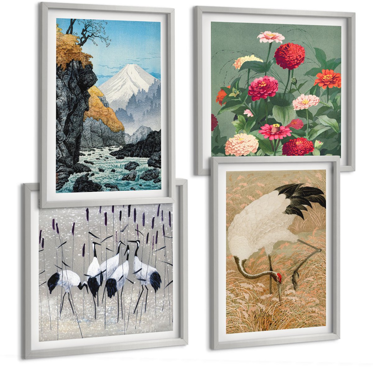 Coloray 4-Delige Schilderij Set - Bergen In Het Landschap, Een Rivier, Bloemen En Kraanvogels In Het Gras. - 40 x 40 cm En 40 x 60 cm - Wanddecoratie - Muurdecoratie - Woonkamer - Decoratieve Schilderijen