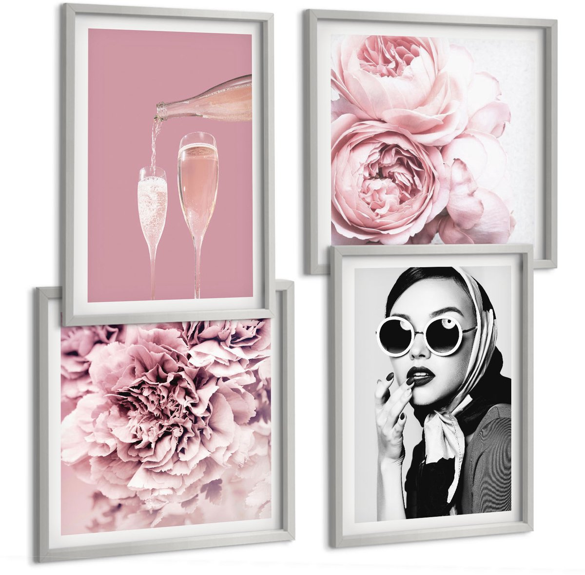 Coloray 4-Delige Schilderij Set - Bloemen, Pioenrozen, Rozen, Champagne En Een Elegante Vrouw - 40 x 40 cm En 40 x 60 cm - Wanddecoratie - Moderne Interieurdecoratie - Stijlvolle Muurdecoratie