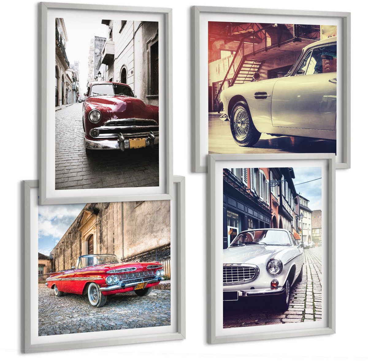 Coloray 4-Delige Schilderij Set - Klassieke Auto'S In Verschillende Kleuren Op De Straten Van De Stad. - 40 x 40 cm En 40 x 60 cm - Muurdecoratie - Schilderijen Set - Woonkamer - Wanddecoratie
