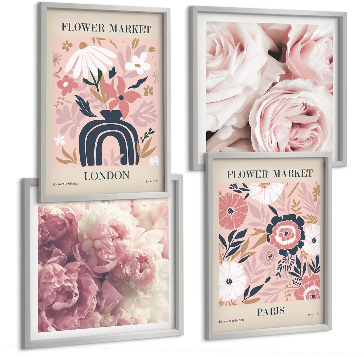 Coloray 4-Delige Schilderij Set - Bloemmotieven Rozen Pioenrozen Londen Parijs - 40 x 40 cm En 40 x 60 cm - Muurdecoratie - Decoratieve Schilderijen - Wohnzimmer - Stijlvolle Muurdecoratie