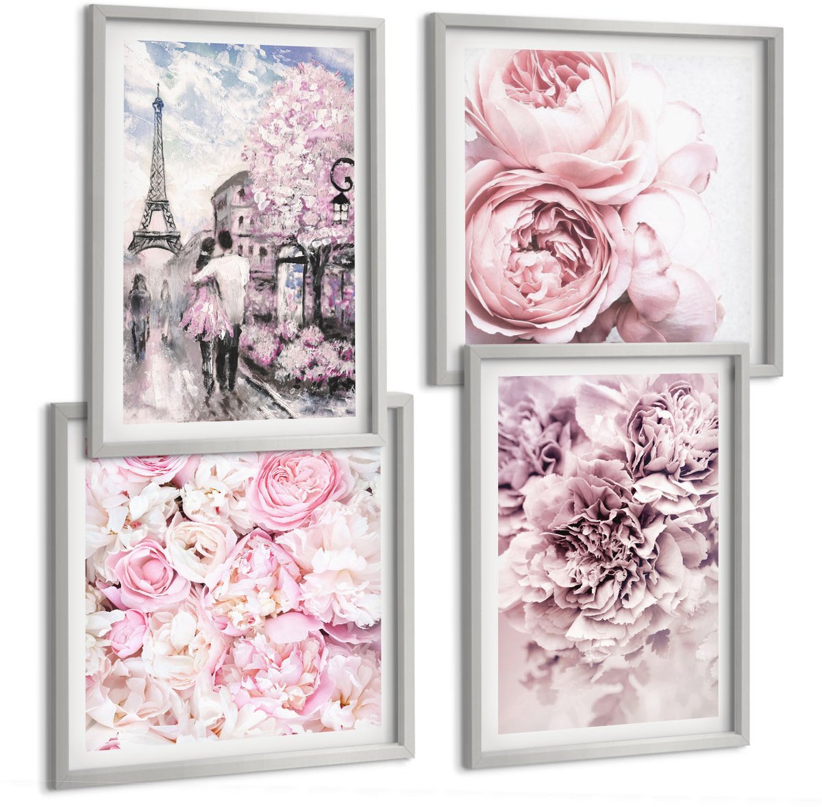 Coloray 4-Delige Schilderij Set - Bloemen In Verschillende Tinten Roze, Romantisch Landschap - 40 x 40 cm En 40 x 60 cm - Stijlvolle Wanddecoratie - Interieur - Woonkamer Decoratie