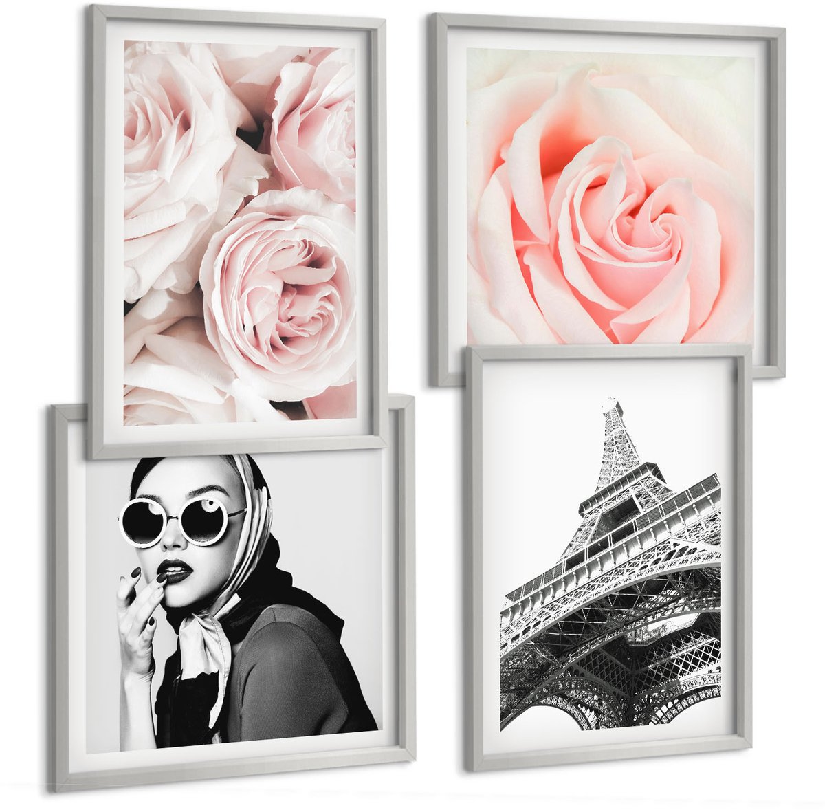 Coloray 4-Delige Schilderij Set - Rozen, Modeportret Van Een Vrouw, Eiffeltoren In Parijs - 40 x 40 cm En 40 x 60 cm - Muurdecoratie - Schilderijen Set - Woonkamer - Decoratieve Schilderijen