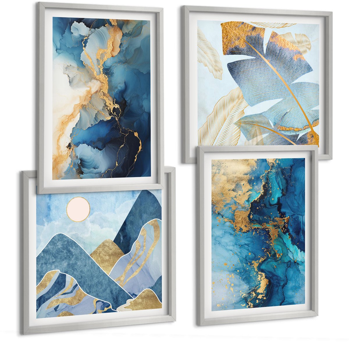 Coloray 4-Delige Schilderij Set - Abstracte Patronen Van De Blauwe Bergen - 40 x 40 cm En 40 x 60 cm - Schilderijen Set - Wanddecoratie - Woonkamer - Muurdecoratie