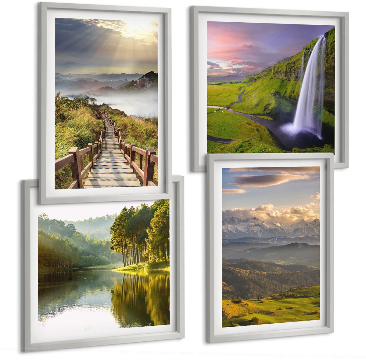 Coloray 4-Delige Schilderij Set - Schilderachtige Berglandschappen Met Een Waterval En Een Pad. - 40 x 40 cm En 40 x 60 cm - Muurdecoratie - Decoratieve Schilderijen - Wohnzimmer