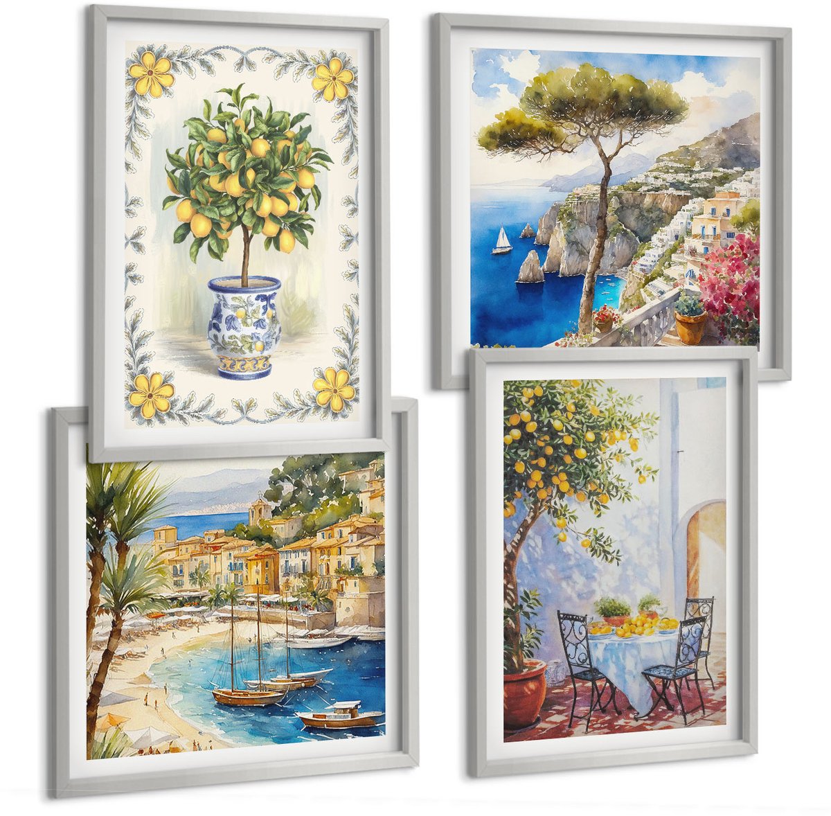 Coloray 4-Delige Schilderij Set - Uitzicht Op Zee Met Citroenbomen - 40 x 40 cm En 40 x 60 cm - Wanddecoratie - Woonkamer Decoratie - Stijlvolle Muurdecoratie