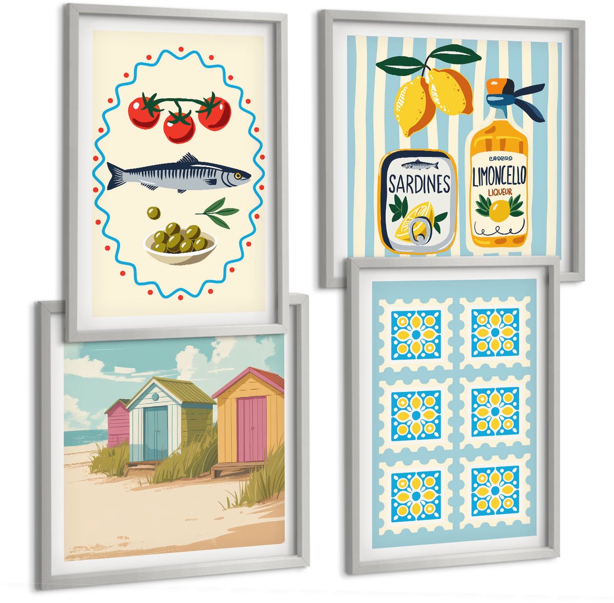 Coloray 4-Delige Schilderij Set - Illustraties Van Keukens In Mediterrane Stijl - 40 x 40 cm En 40 x 60 cm - Wanddecoratie - Schilderijen Set - Interieur - Interieur Decoratie
