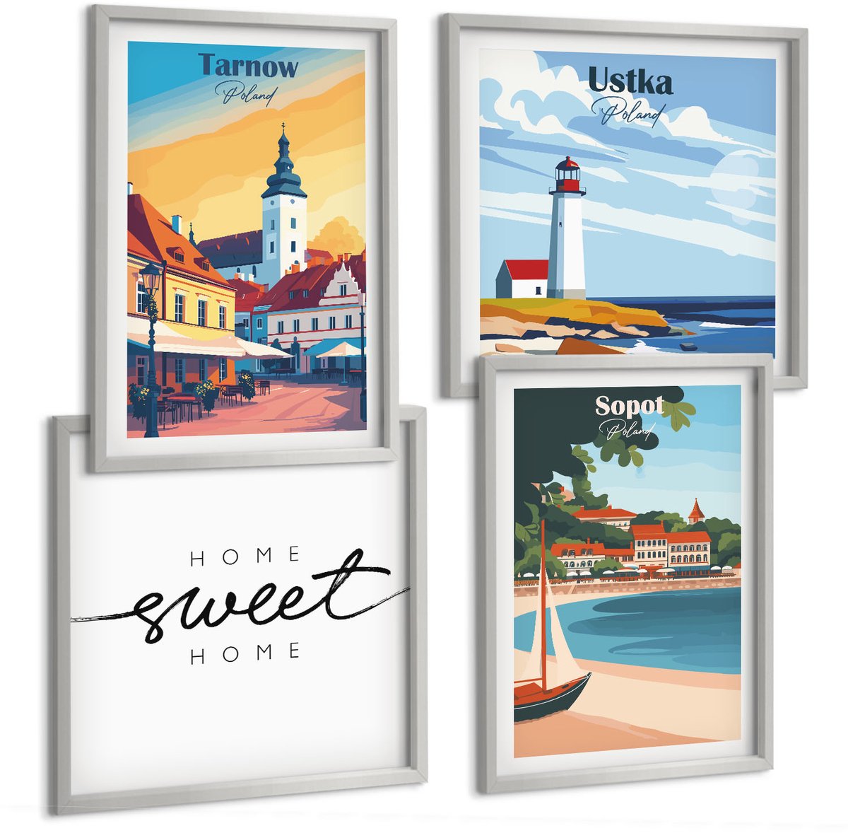 Coloray 4-Delige Schilderij Set - Uitzicht Op De Poolse Steden Ustka Tarnów Sopot - 40 x 40 cm En 40 x 60 cm - Wanddecoratie - Muurdecoratie - Moderne Interieurdecoratie - Stijlvolle Muurdecoratie