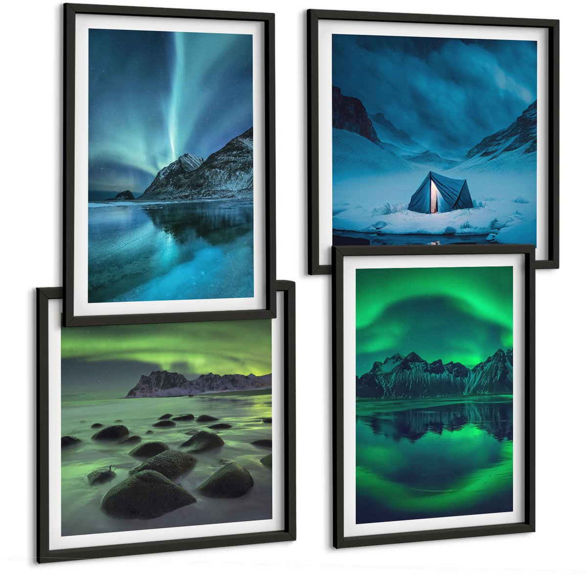 Coloray 4-Delige Schilderij Set - Winterlandschap Met Noorderlicht En Bergen - 40 x 40 cm En 40 x 60 cm - Wanddecoratie - Muurdecoratie - Woonkamer Zwarte lijst