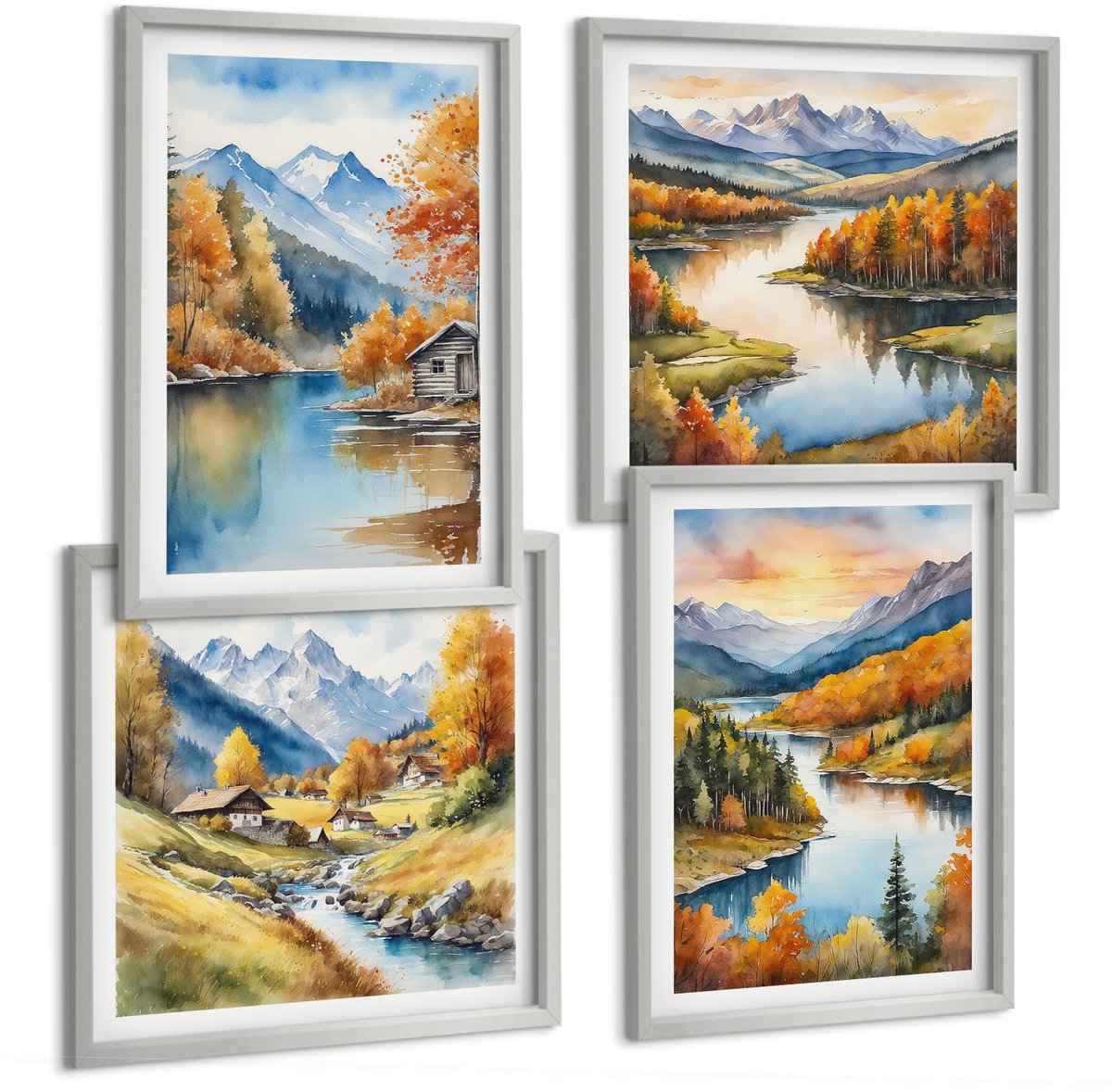 Coloray 4-Delige Schilderij Set - Herfstlandschap In De Bergen Met Een Rivier En Een Huisje Aan Het Water. - 40 x 40 cm En 40 x 60 cm - Decoratieve Schilderijen - Woonkamer - Interieur - Wanddecoratie