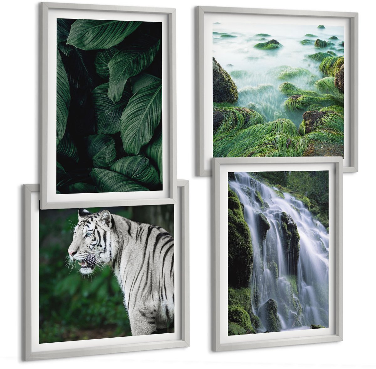 Coloray 4-Delige Schilderij Set - Tijgerwitte Bladeren En Een Waterval In Een Natuurlijke Omgeving - 40 x 40 cm En 40 x 60 cm - Stijlvolle Muurdecoratie - Kantoor - Wanddecoratie