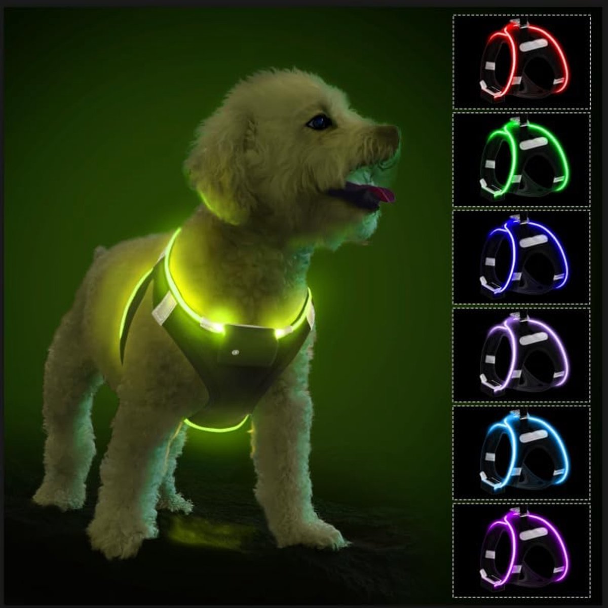 Hondenharnas, reflecterend LED-hondenharnas, oplaadbaar, waterdicht knipperend licht op harnas, licht voor kleine puppy's en middelgrote honden, met 9 gloeiende modi voor nachtwandelen