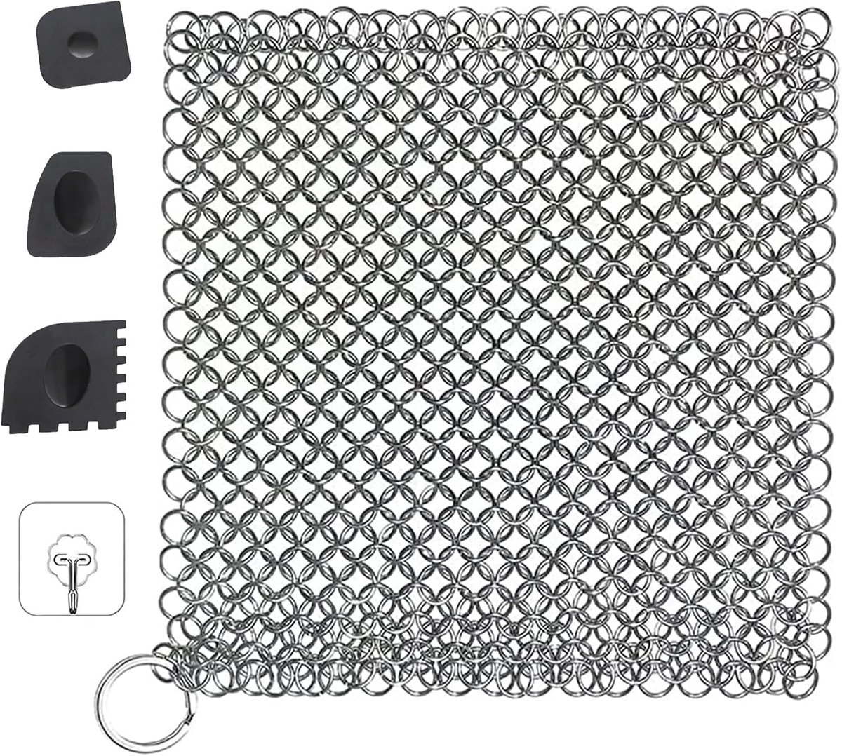Gusseisenreiniger van roestvrij staal, Chainmail Scrubber met robuuste kunststof grillschaap en zelfklevende haken voor het reinigen van gietijzeren pannen of woks en meer, Dutch Oven accessoires
