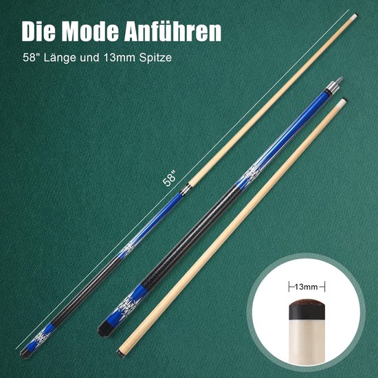Biljartkeu 147 cm 13 mm Tip - Hardhout - Poolkeu - Professioneel - Blauw — afbeelding 2